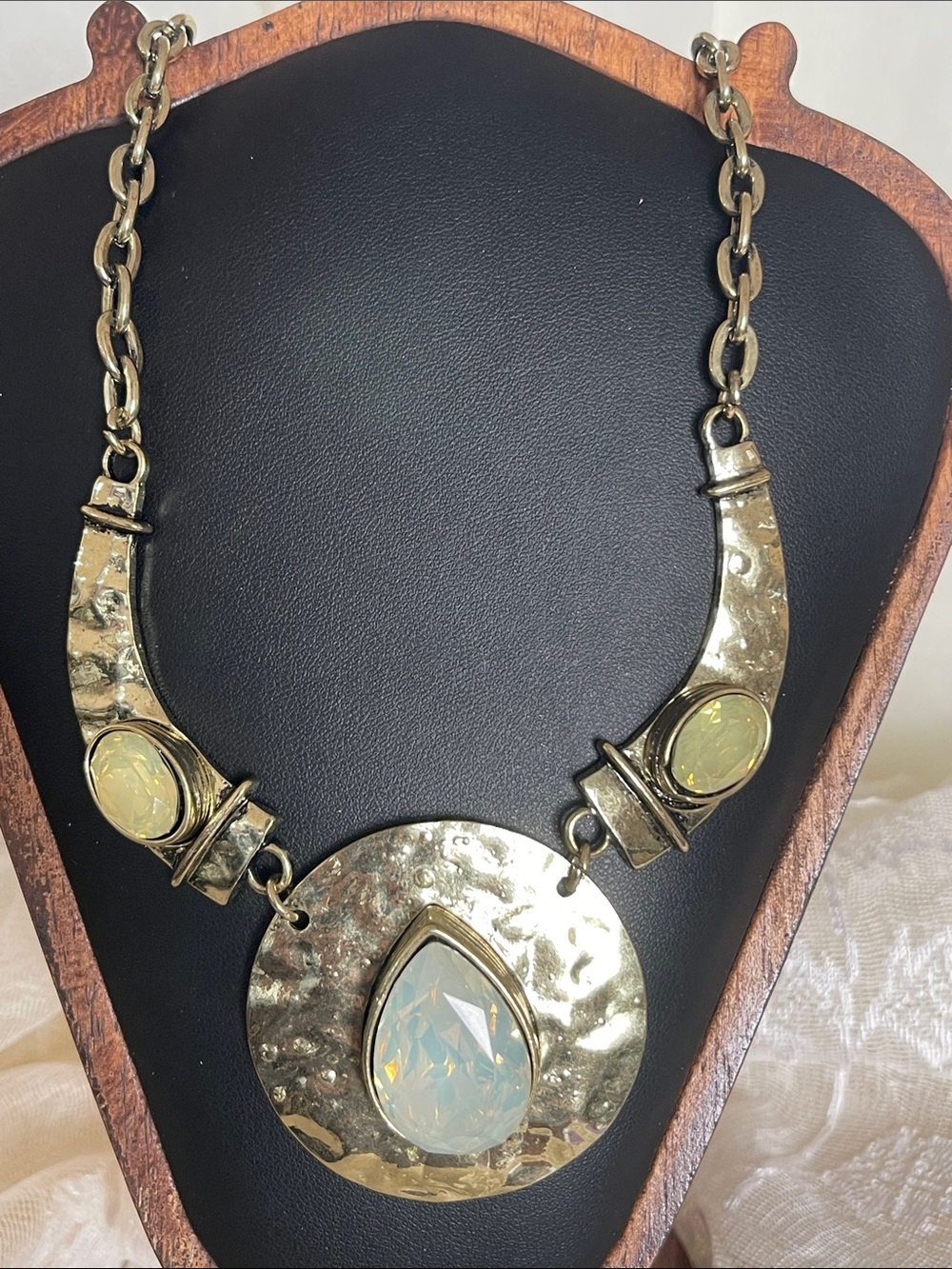 Hammered Gold-Tone Teardrop Pendant Necklace with Citrine Crystals